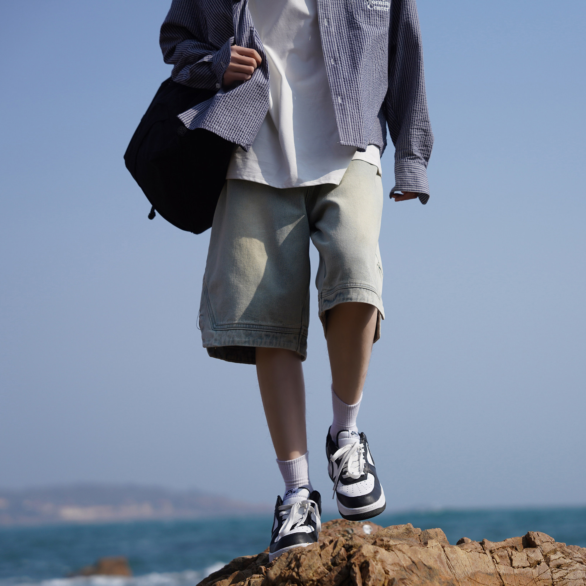 港仔文艺男 美式牛仔短裤男夏季复古薄款开叉水洗男生五分裤子