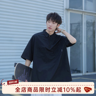 GOOZI MADE日系黑色半拉链短袖衬衫男夏季男生polo领宽松工装衬衣