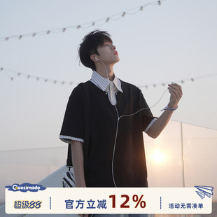 GOOZI MADE 假两件条纹Polo衫短袖t恤男夏季竹节棉青少年拼接半袖