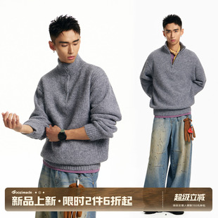 GOOZI MADE极简风半拉链花纱半高领毛衣男冬季宽松套头针织打底衫