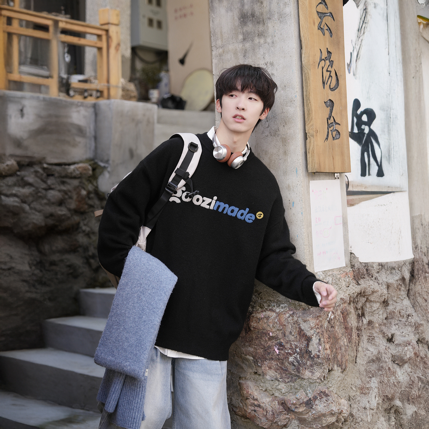 重磅字母毛巾绣圆领毛衣男冬上衣