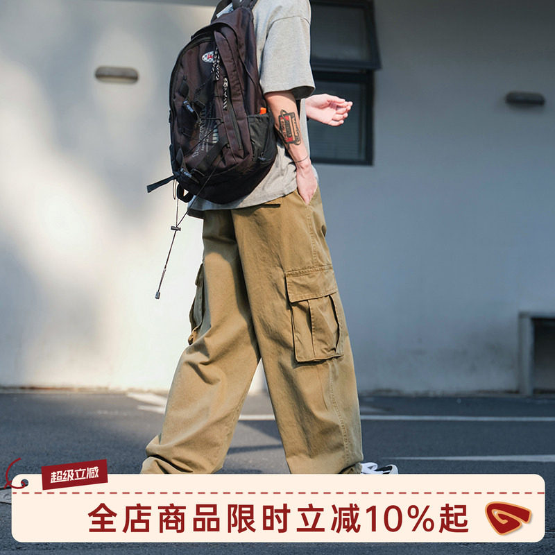 港仔文艺男卡其色工装裤男夏季日系阔腿裤子男生休闲直筒长裤男款