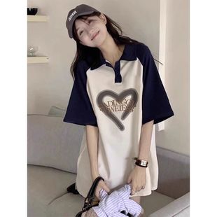 大童初中生少女纯棉印花polo衫短袖t恤女夏宽松高中半袖体恤上衣