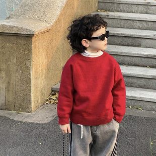 红色毛衣男童儿童春秋春装套头秋冬高级感超好看的内搭针织衫打底