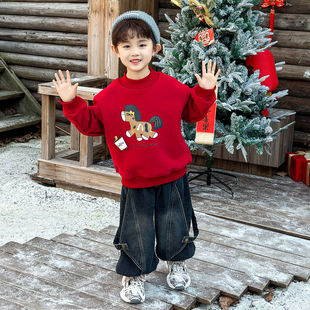 男童加绒卫衣拜年服2026新款宝宝冬装红色内搭儿童装男孩过年衣服