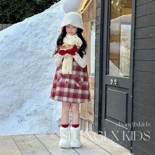 女童连衣裙冬高级感格子红色拜年服套装背心裙子冬季加厚加绒冬装