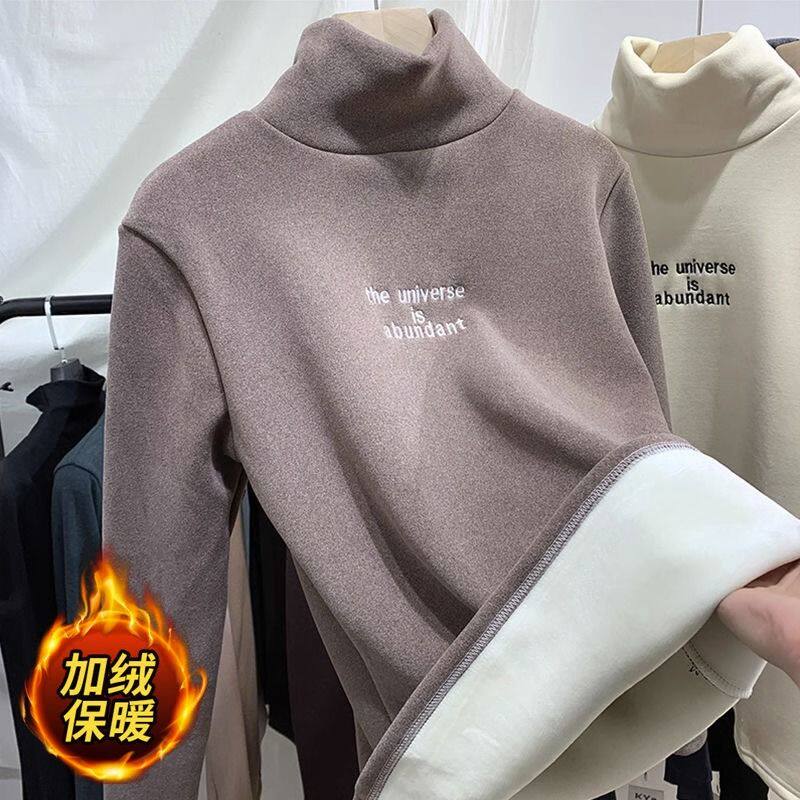 加绒加厚秋冬季洋气中大童男女童双面德绒高领内搭打底衫保暖上衣