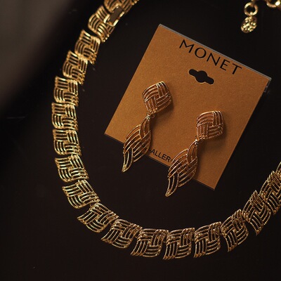 法式复古素金monet莫奈中古vintage耳环耳夹项链