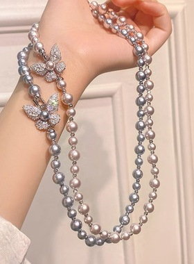 曼塔玫瑰色施家珍珠蝴蝶项链女秋冬长款串珠毛衣链轻奢时尚锁骨链