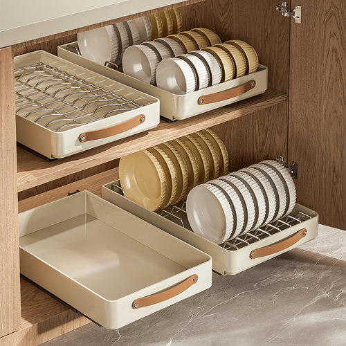 不锈钢碗碟收纳层架整体橱柜内碗盘晾晒沥水拉篮抽屉式水槽厨房置