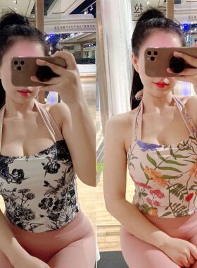 国风水墨画运动内衣防震文胸瑜伽服蝴蝶结挂脖系带背心健身衣外穿