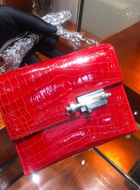 H家mini Verrou进口鳄鱼皮插销包手缝蜡线定制链条手枪包单肩包女