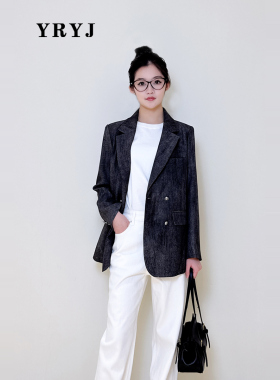 YRYJ女装商场同款通勤休闲百搭灰色双排扣V领西装外套8543331038