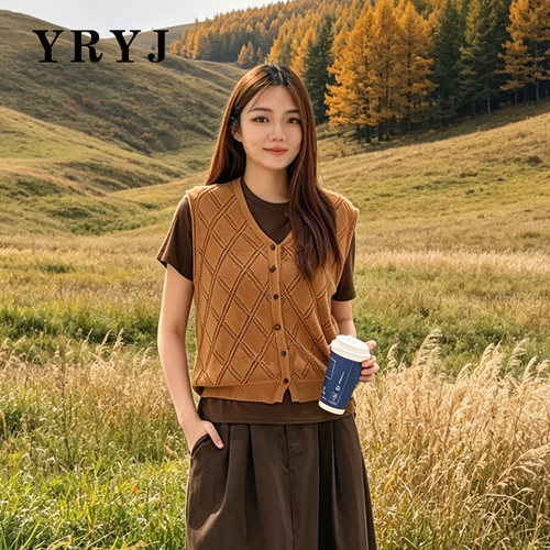 YRYJ两件套V领菱格针织马甲女