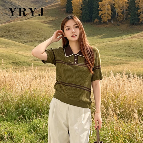 YRYJ翻领短袖针织衫女宽松显瘦