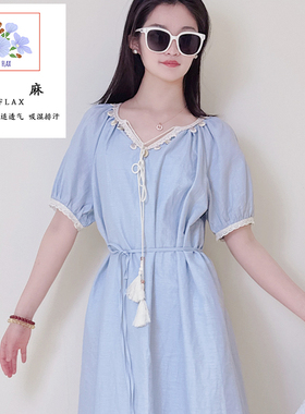 YRYJ女装商场同款夏季浅蓝亚麻波西米亚V领收腰连衣裙3852021316