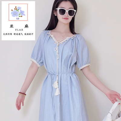 YRYJ女装商场同款夏季浅蓝亚麻波西米亚V领收腰连衣裙3852021316