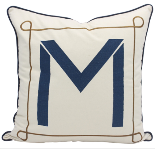 EMBROIDERED M GREY BLUE DIAGONAL SPLICE PILLOW CUSHION COVER