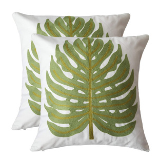 毛线刺绣花绿咖啡色田园芭蕉叶样板房沙发抱枕靠垫套cushioncover