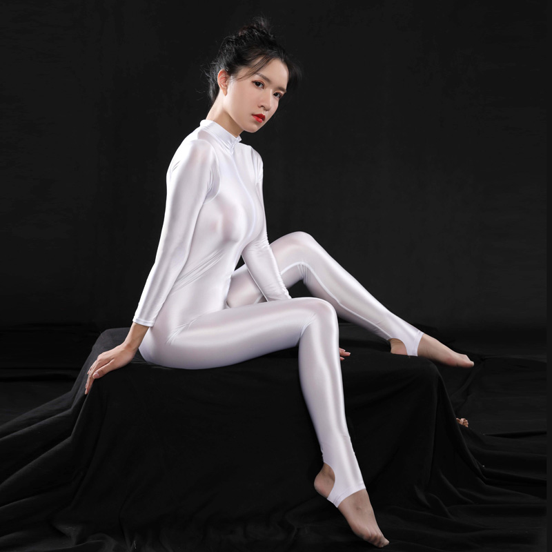 踩脚塑身连体衣油亮拉链过裆光泽