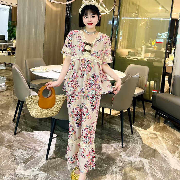 韩版睡衣套装冰丝网眼家居服女