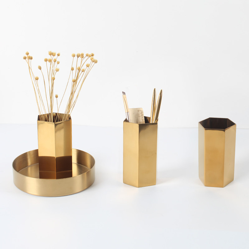 北欧金色六角笔筒六角笔筒六棱插花瓶不锈钢金属桌面摆件