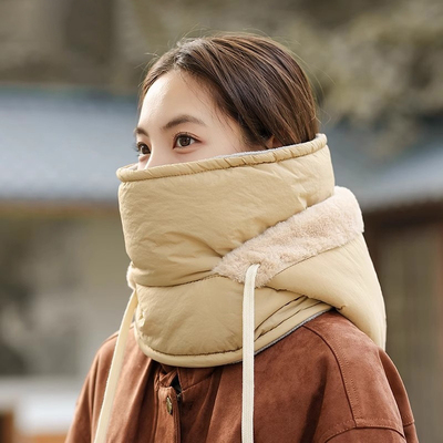 羽绒雷锋帽女秋冬季围脖一体加厚保暖防寒头套面罩骑车防风帽子男