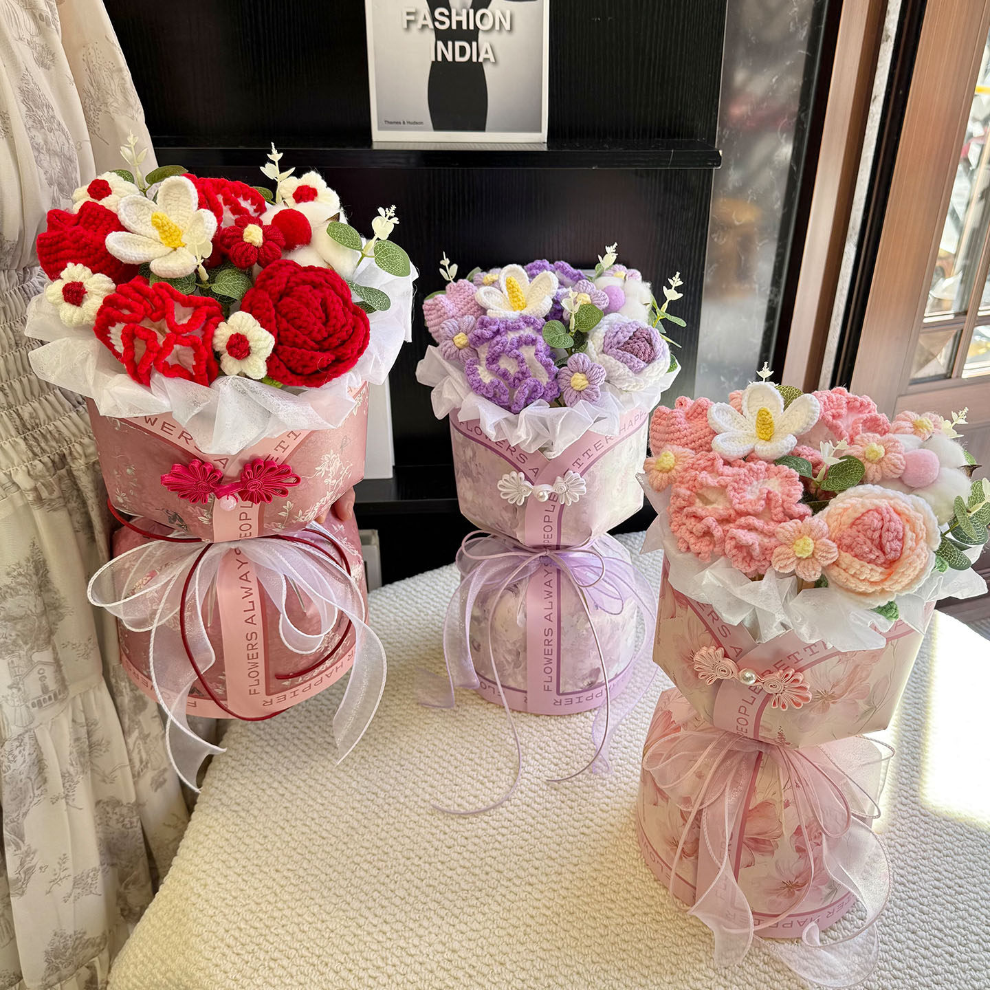 手工钩织毛线康乃馨玫瑰郁金香花束送长辈生日妈妈母亲节创意礼物