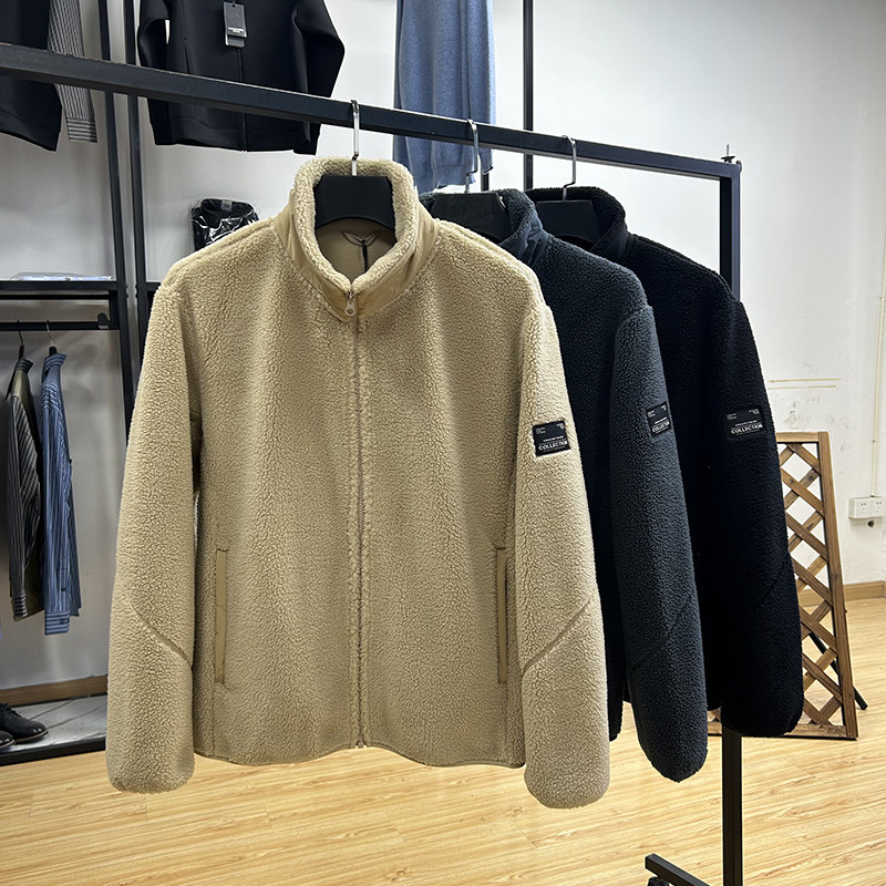 绒感厚舒适保暖简约纯色外套秋冬休闲时尚立领摇粒绒夹克