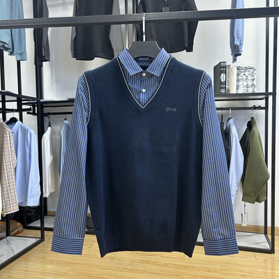 商务休闲亲肤舒适衬衫领假两件针织衫秋冬季新品修身细腻打底衫