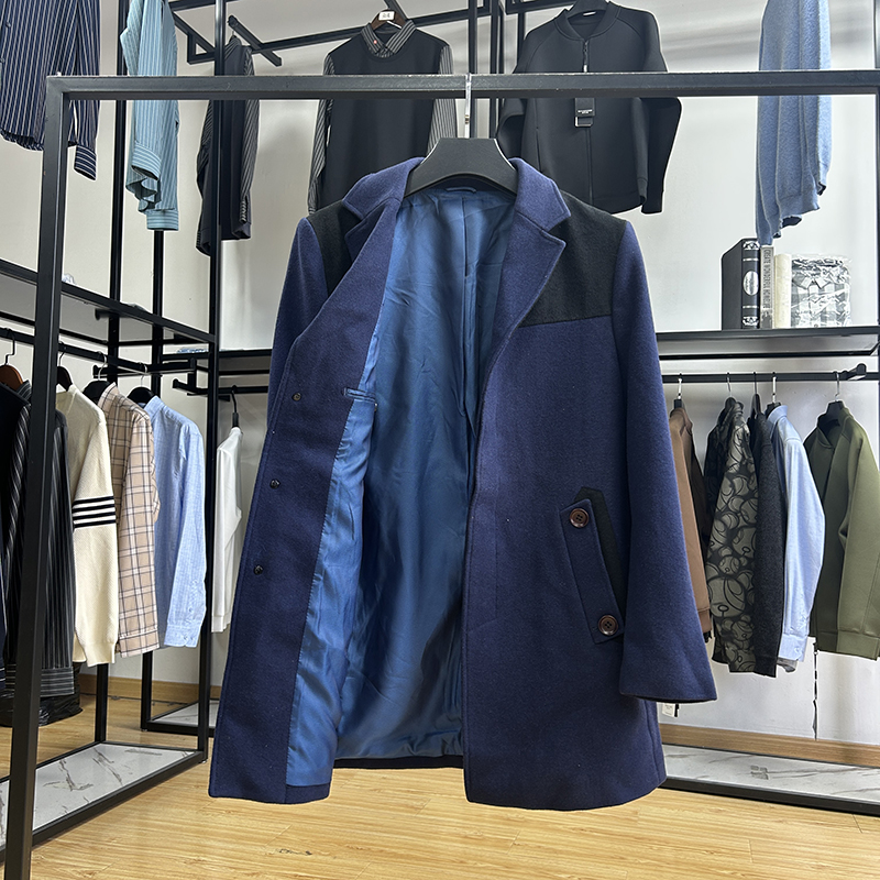 羊毛混纺拼接设计西装领中长款毛呢大衣秋冬男士时尚呢子外套