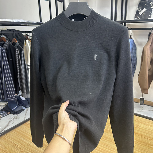 半高领刺绣舒适亲肤修身套头毛衣秋冬季含羊毛时尚休闲针织衫男