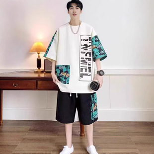 青少年夏季华夫格套装  短袖t恤男生休闲运动短裤时尚搭配帅气一