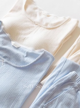 Soft Sonnets法式婴儿棉纯棉睡衣带胸垫透气短袖长裤家居服女夏