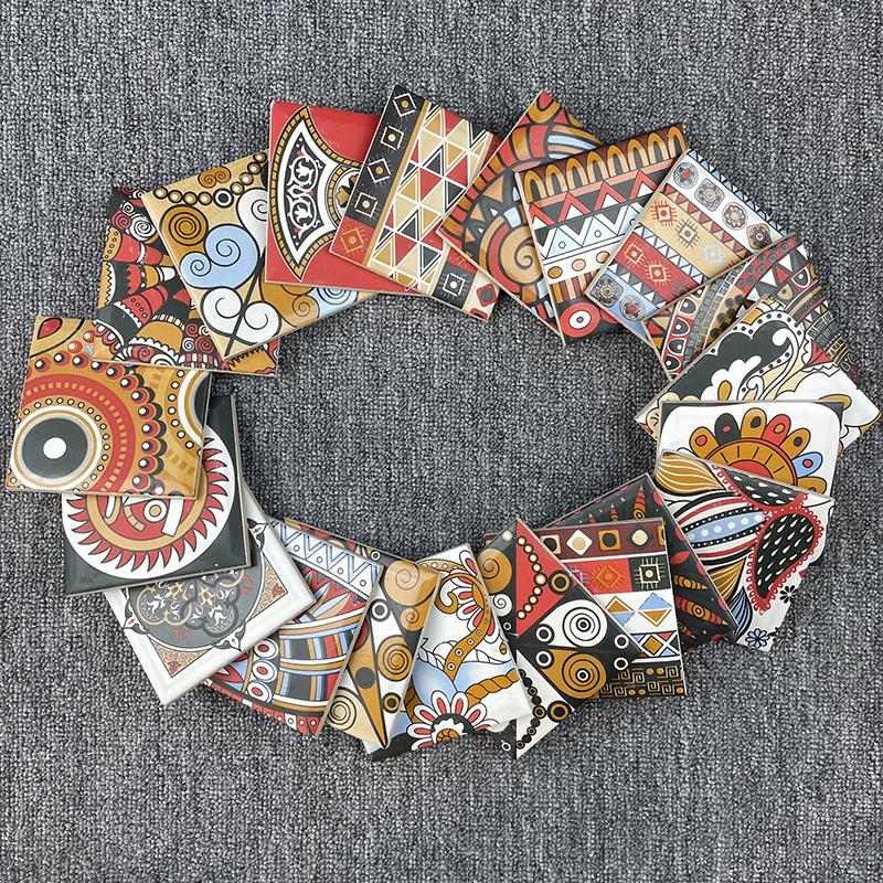 复古小花砖100X100唐卡波西米亚风餐厅卫生间背景墙楼梯腰线10cm