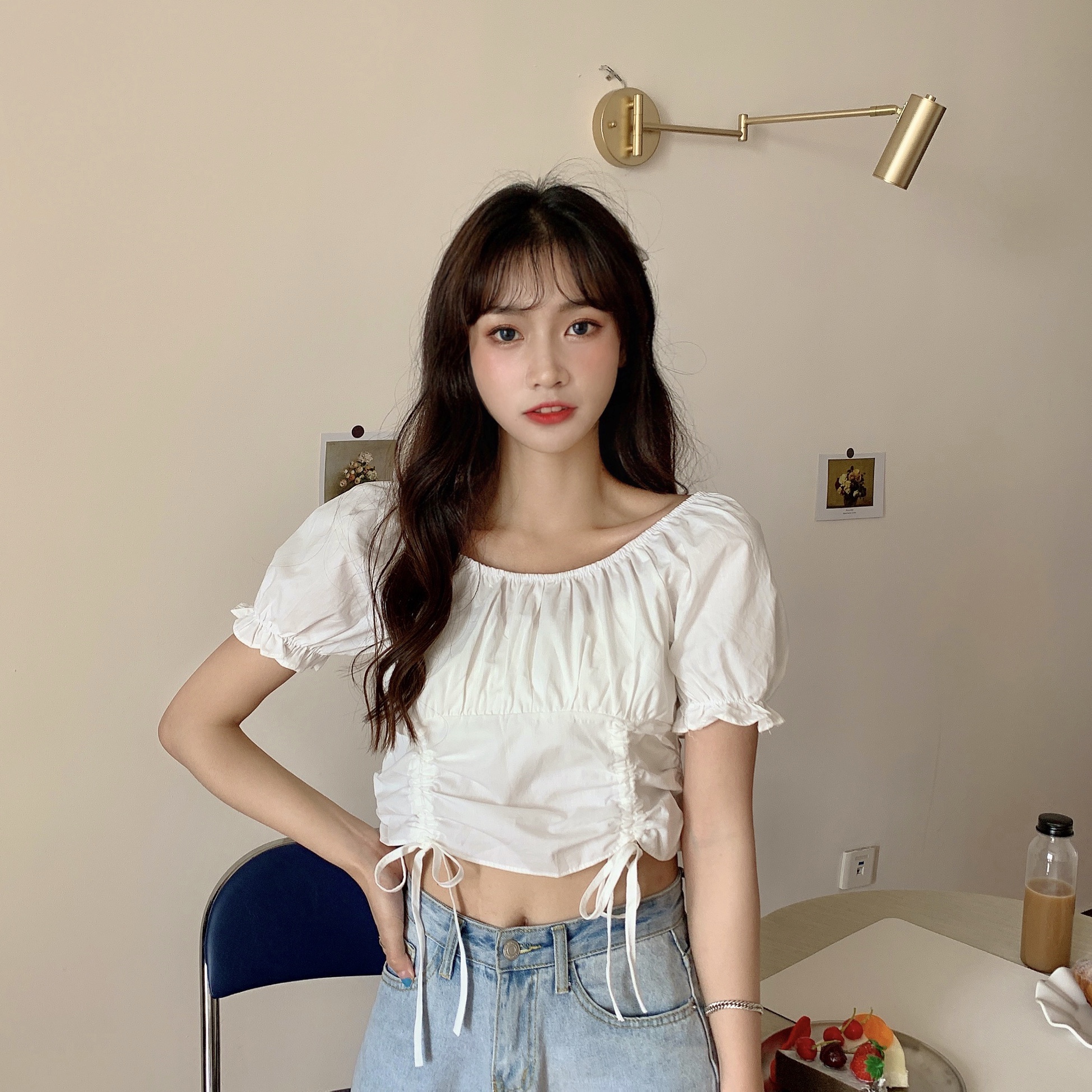 Real shot ins short one shoulder open navel drawstring shirt summer design Short Sleeve white t-shirt female
