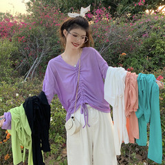 Real shot candy color loose V-neck thin long sleeve sunscreen shirt and summer solid color top girl