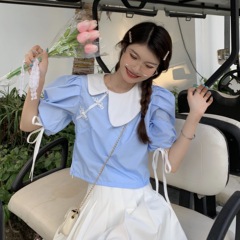 Real shot of Chinese style irregular button baby collar loose shirt bubble sleeve chic top girl