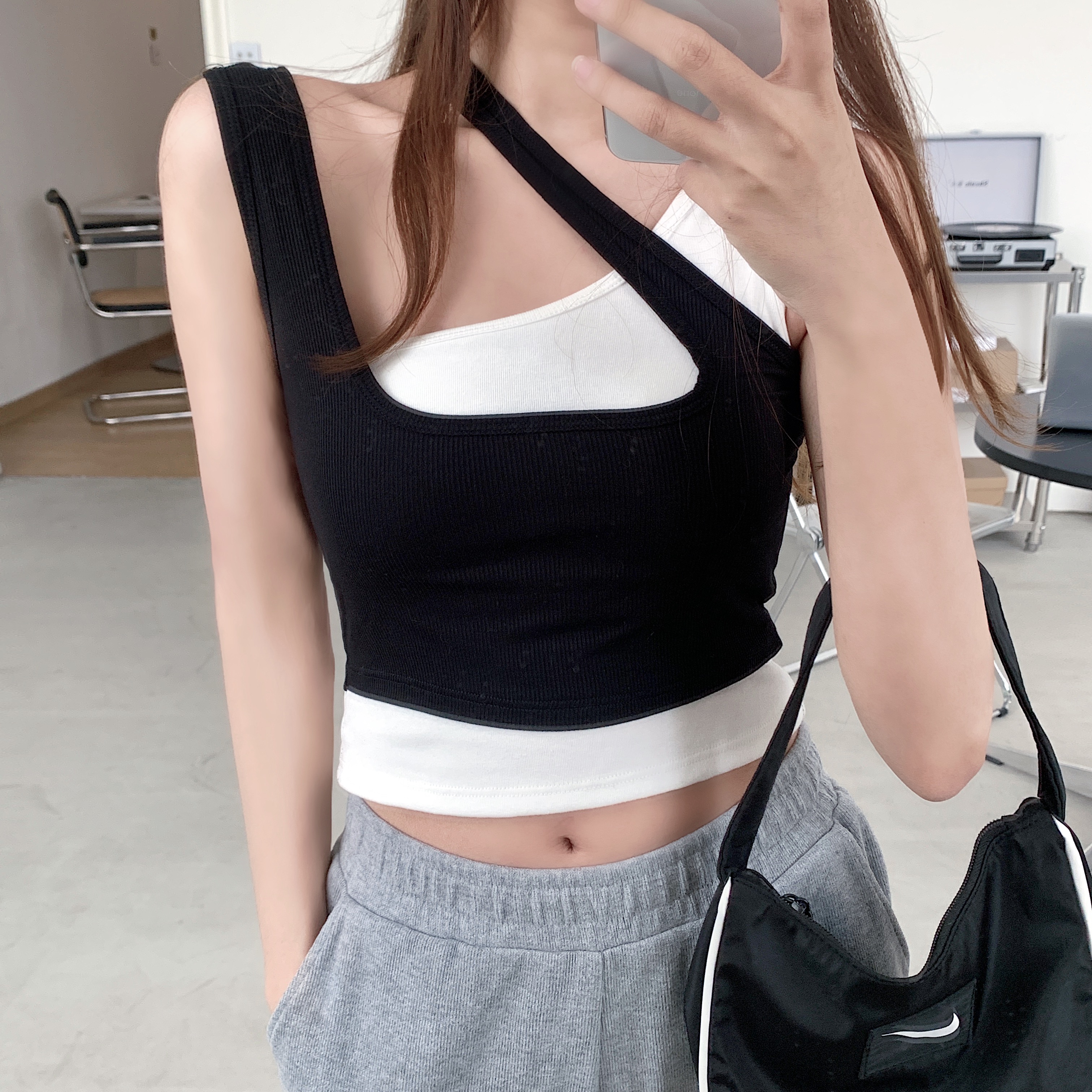 Real shot fake two pieces of top irregular slim inside with 2021 bottom vest strap women wear fashion