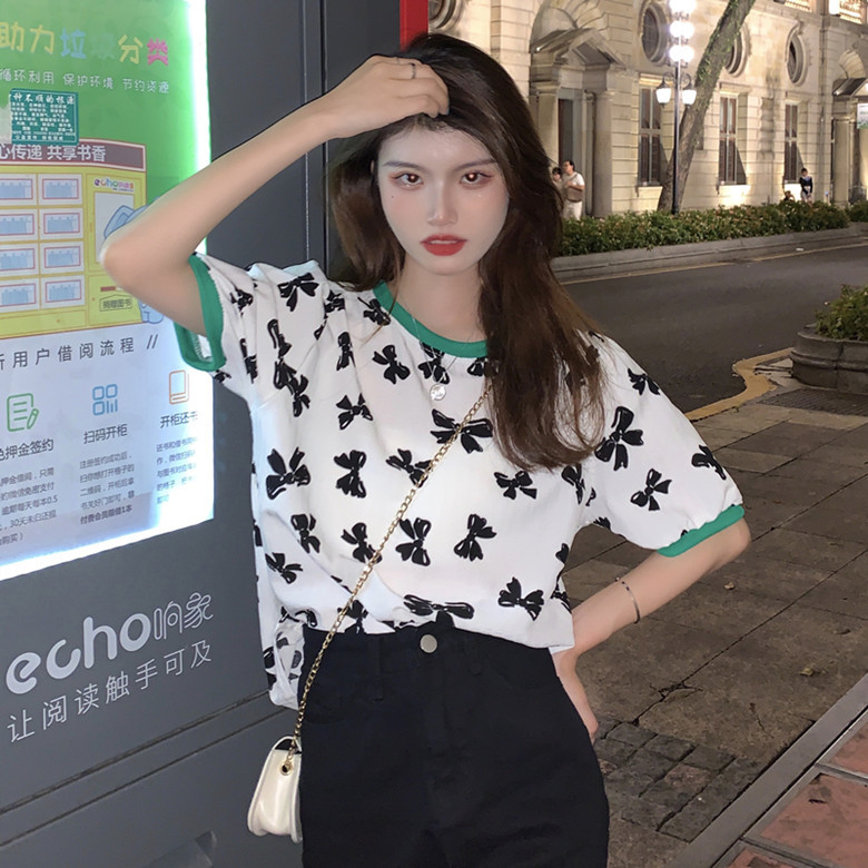 Real shot design loose retro bow print bubble sleeve round neck short sleeve western style top