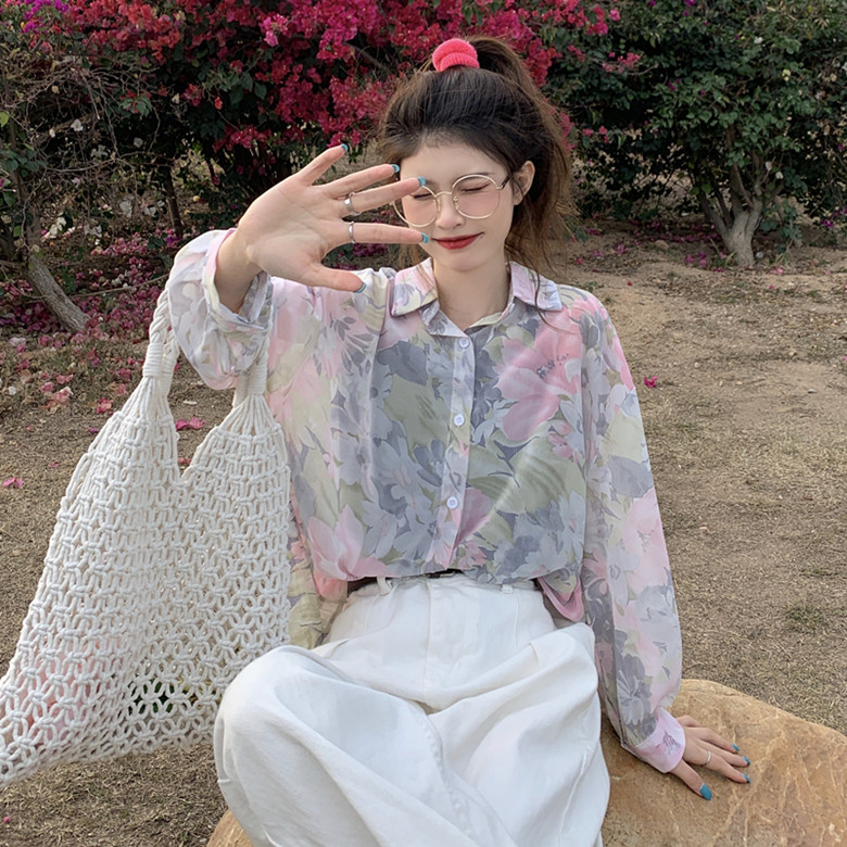 Real shot Chiffon loose long sleeve pink sunscreen shirt polo collar Vintage top girl