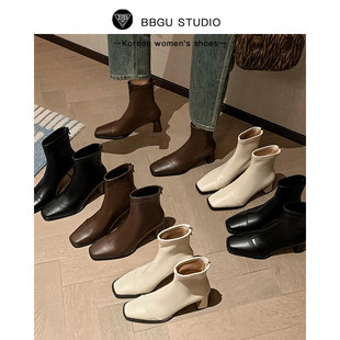 粗跟百搭马丁靴 秋冬白色加绒弹力靴法式 BB古 韩国真皮2025年新款