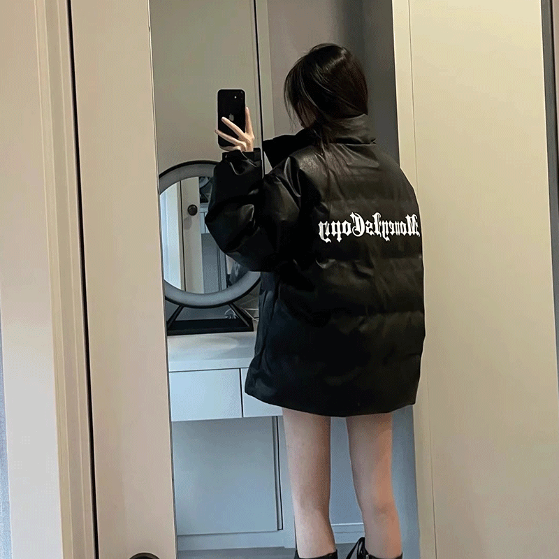 大码黑色棉服冬季加厚美式复古宽松慵懒风