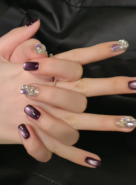 2025年新款网红黑加仑紫色猫眼美甲超显白穿戴甲纯手工高级感短款