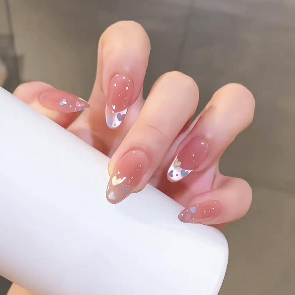 韩系手绘爱心网红美甲显白2025年新款穿戴甲手工高级感中长款定制