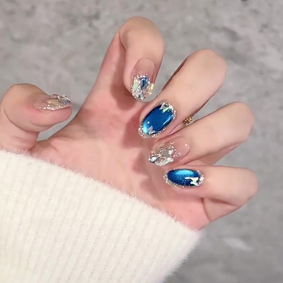 2025年新款蓝色星河网红猫眼美甲显白穿戴甲纯手工高级感短款定制