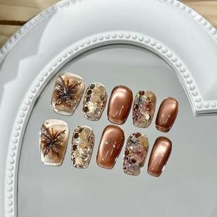 干花蝴蝶猫眼网红美甲2025年新款纯手工穿戴甲高级感短款甜酷定制