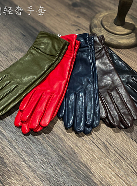 出口单触屏加长羊皮真皮手套秋冬骑行冬季开车摩托车女士薄款