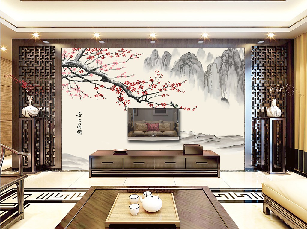 中式梅花喜上眉梢水墨画闪银布宣定制壁画