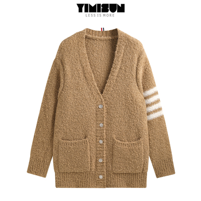 四杠v领中长款针织开衫毛衣外套